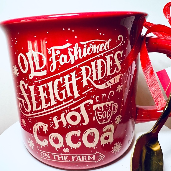 Christmas Sleigh Rides Hot Cocoa Red Camper Mug & Gold Metal Gingerbread Spoon - Picture 4 of 9